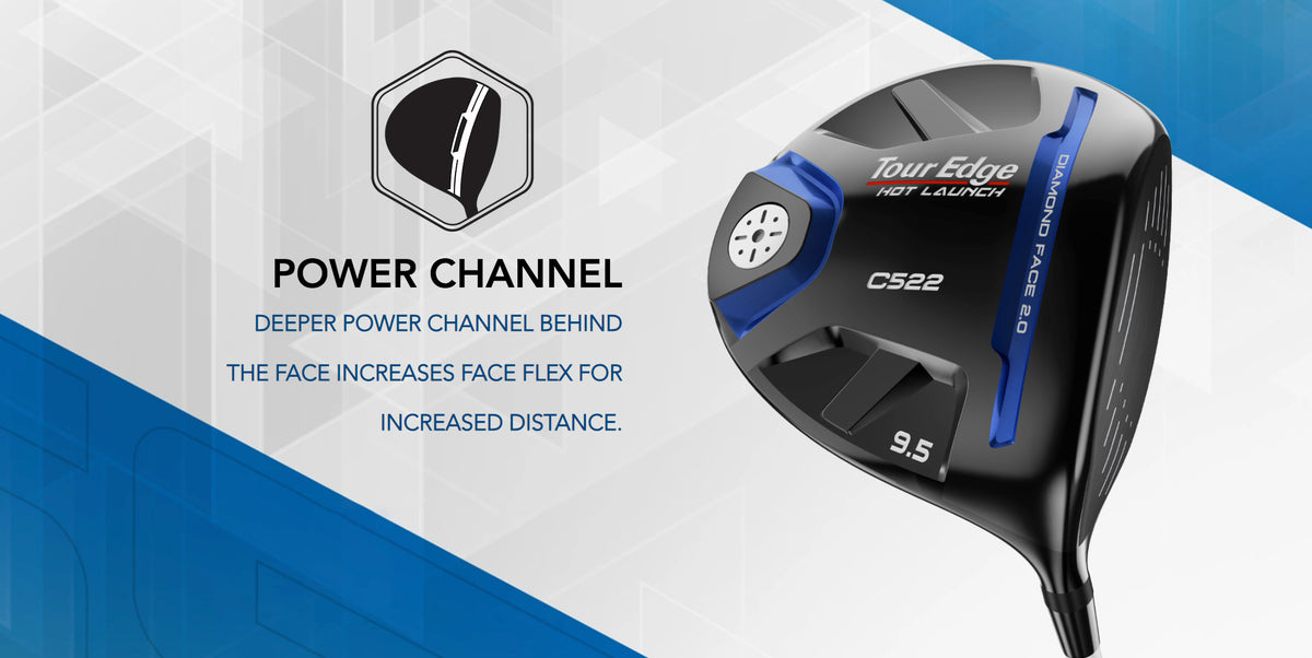 The Tour Edge Hot Launch C522 Driver features a Power channel behind the face to increase face flex for increased distance.