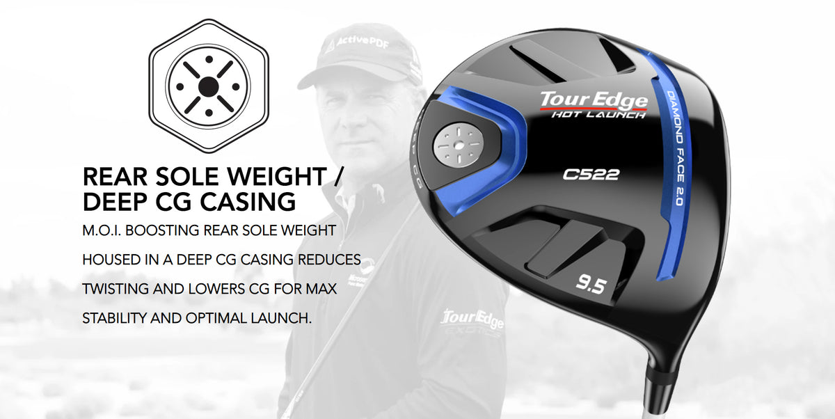 The Tour Edge Hot Launch C522 Driver features a rear sole weight and deep CG casing. This helps reduce twisting and lowers CG for max stability.