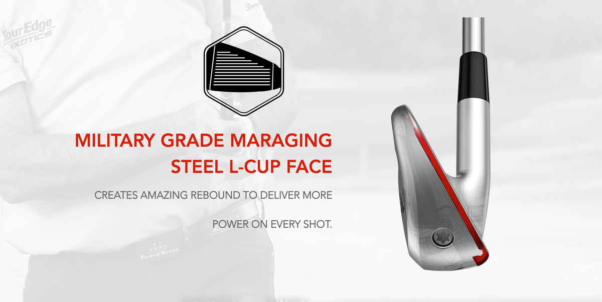 The Tour Edge Exotics C722 irons feature Military grade maraging steel l-cup face. This creates amazing rebound in order to deliver more power on every shot