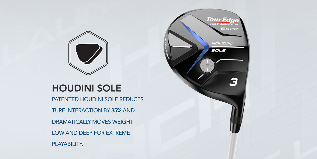 The Tour Edge Hot Launch E522 fiarway wood features Houdini sole technology. This reduces turf interaction by up to 35% and dramatically move weight low and deep for extreme MOI