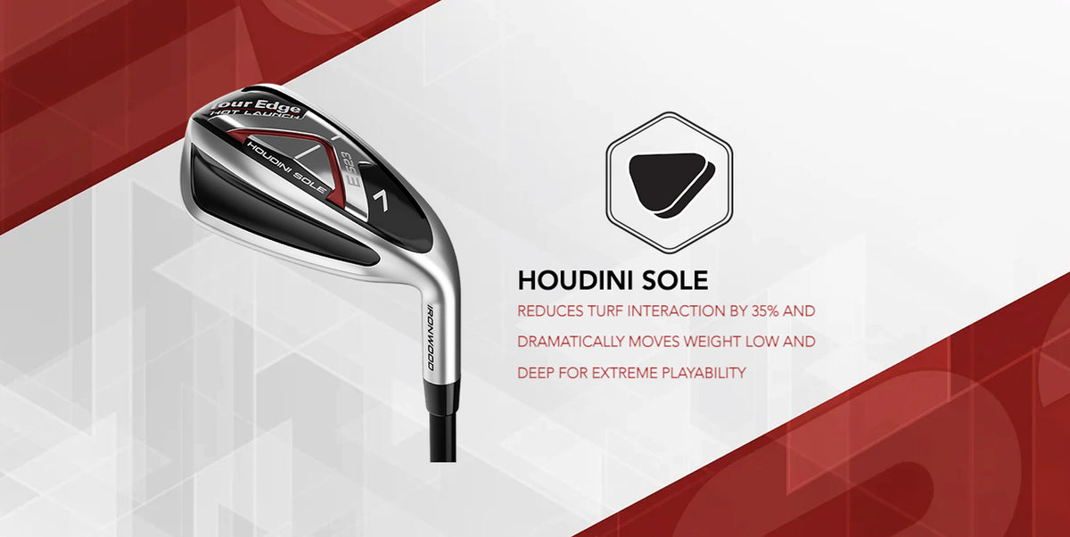 The E523 ironwoods have a houdini sole that reduces turf interaction by up to 35% and dramatically moves weight low and deep for extreme playability.