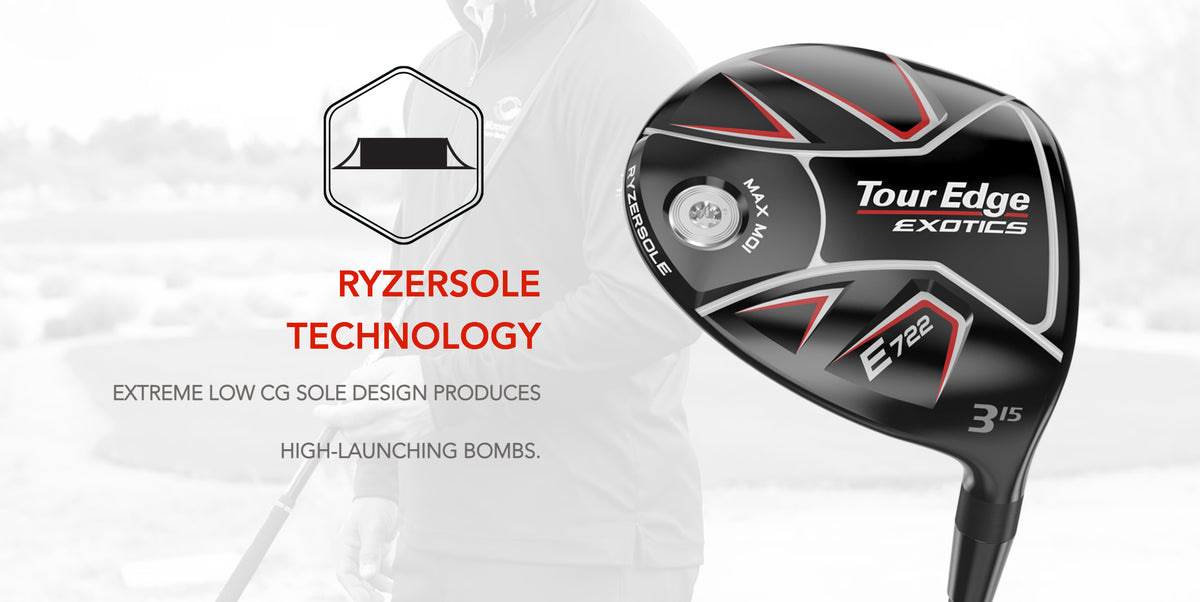 The Tour Edge Exotics E722 Fairway wood features Ryzersole technology. This Creates an extremely low center of gravity for low spin high launching shots.