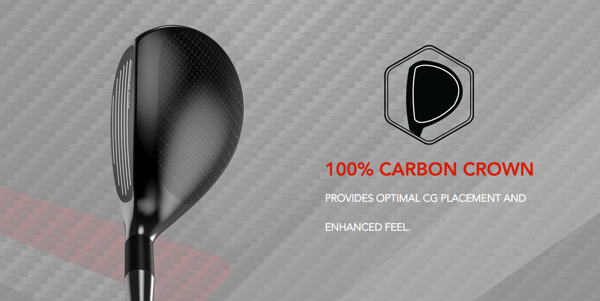 The Tour Edge Exotics E722 hybrid features a 100% carbon crown. This provides optimal CG placement and enhanced feel.