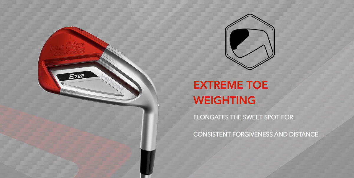 The Tour Edge Exotics E722 irons feature extreme toe weighting which elongates the sweet spot for consistent forgiveness and distance.