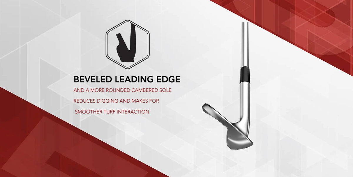 The Vibrcor Super spin wedge features a beveled leading edge and a more rounded cambered sole to reduce digging to make for smoother turf interaction