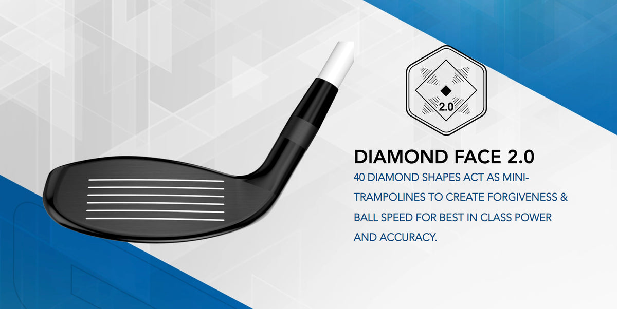 The Tour Edge Hot Launch C522 hybrid features Diamond Face 2.0. The 40 mini trampolines create forgiveness and ball speed for best in class power and accuracy.