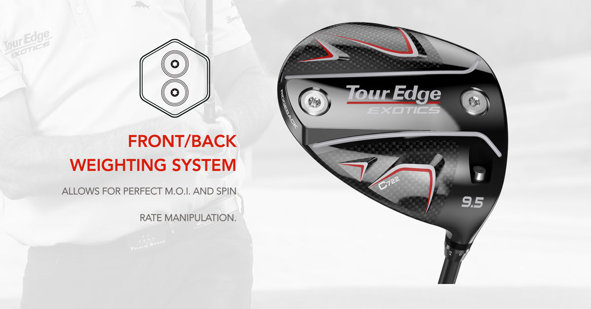 The Tour Edge Exotics C722 Driver with front and back weighting system. This allows for perfect MOI and spin manipulation.