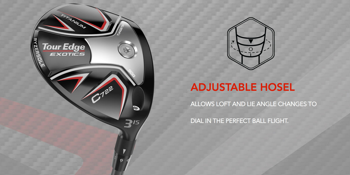 The Tour Edge Exotics C722 fairway wood features an adjustable hosel. This allows for loft and lie angle changes to dial in the perfect ball flight.