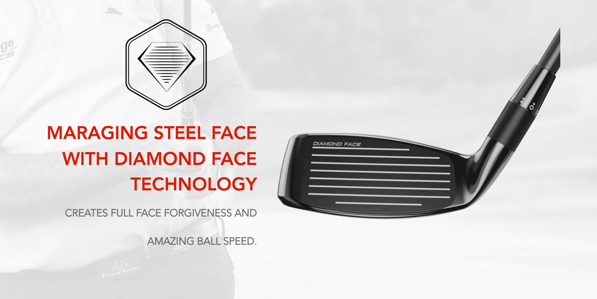 The Tour Edge Exotics C722 hybrid features a face made of Maraging Steel and Diamond Face Technology. This creates full-face forgiveness and ideal ball flight