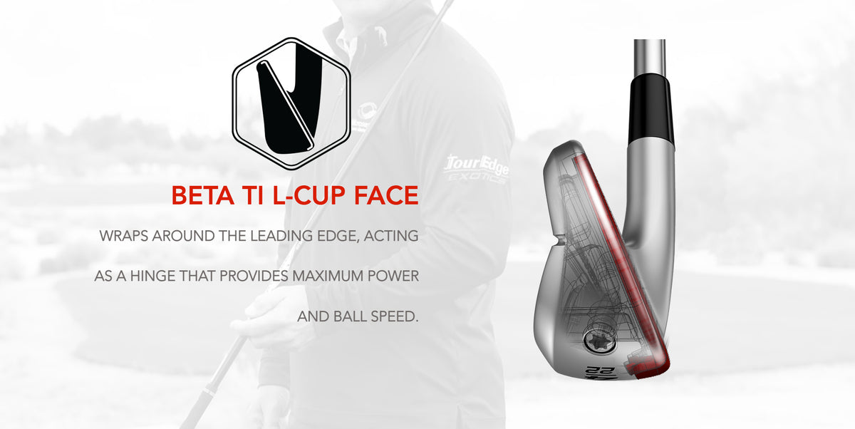 Tour Edge Exotics Ti-Utility features a beta ti l-cup face which wraps around the leading edge. This acts as a hinge that provides maximum power and ball speed.