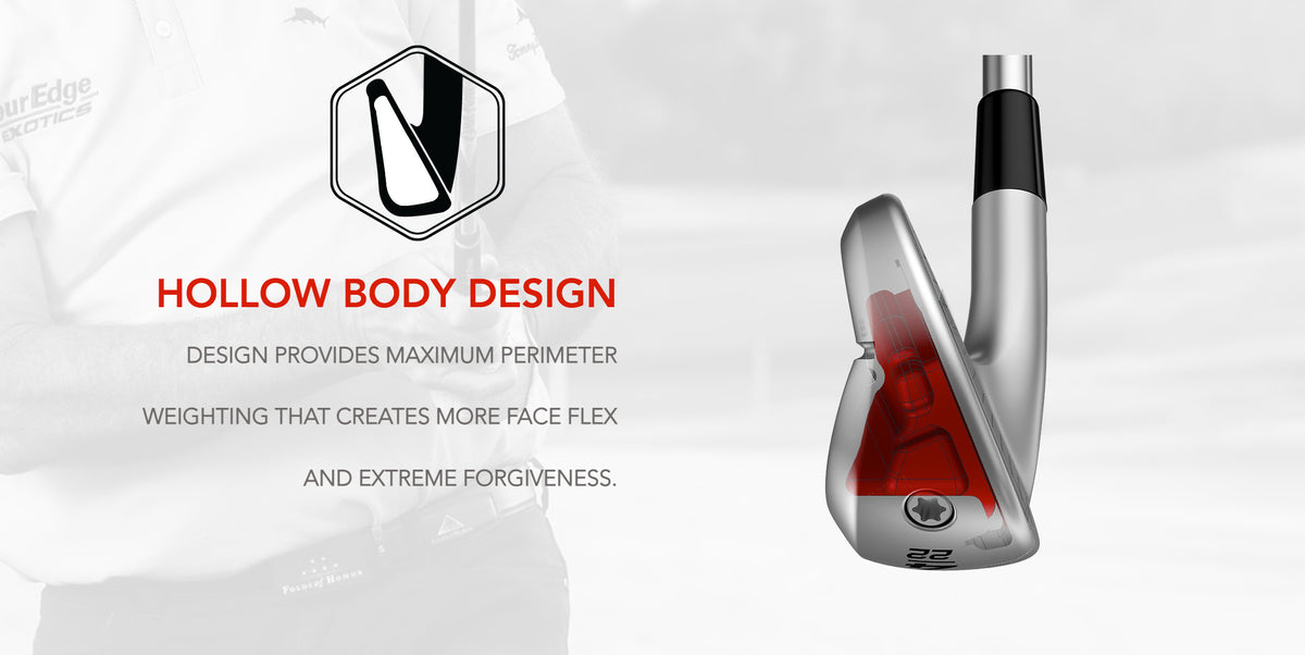 The Tour Edge Exotics 722 Ti-Utility has a hollow body design which provides for maximum perimeter weighting and allows for more face flex for higher ball speeds and increased forgiveness