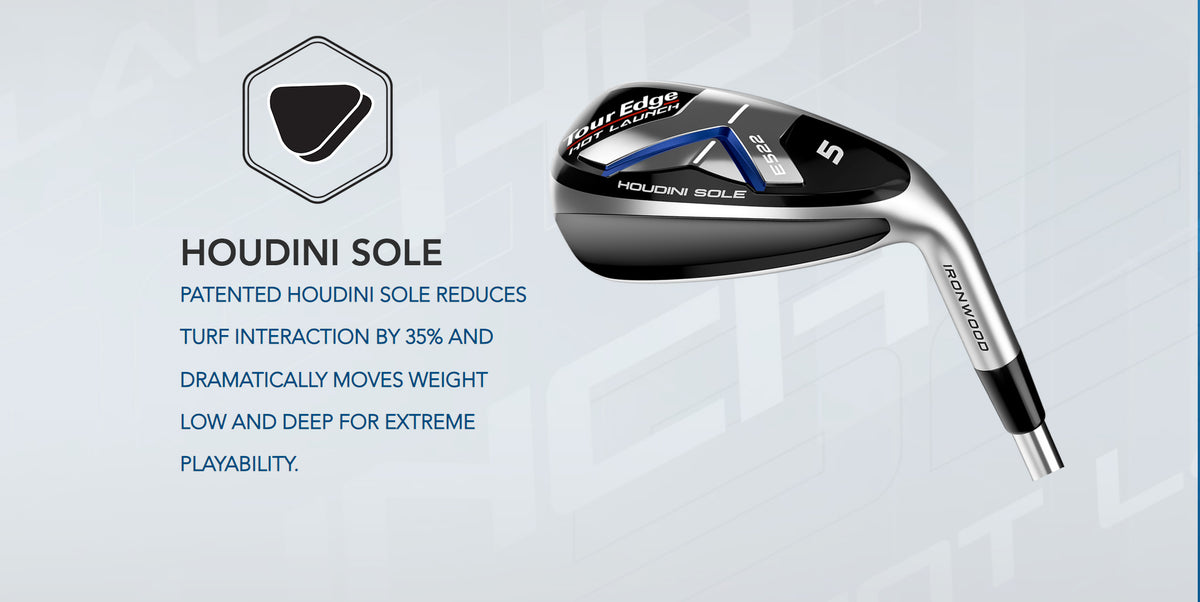 The Tour Edge Hot Launch E522 Iron woods feature Houdini Sole. This reduces turf interaction by 35% and dramatically moves weight low and deep for extreme playability. 