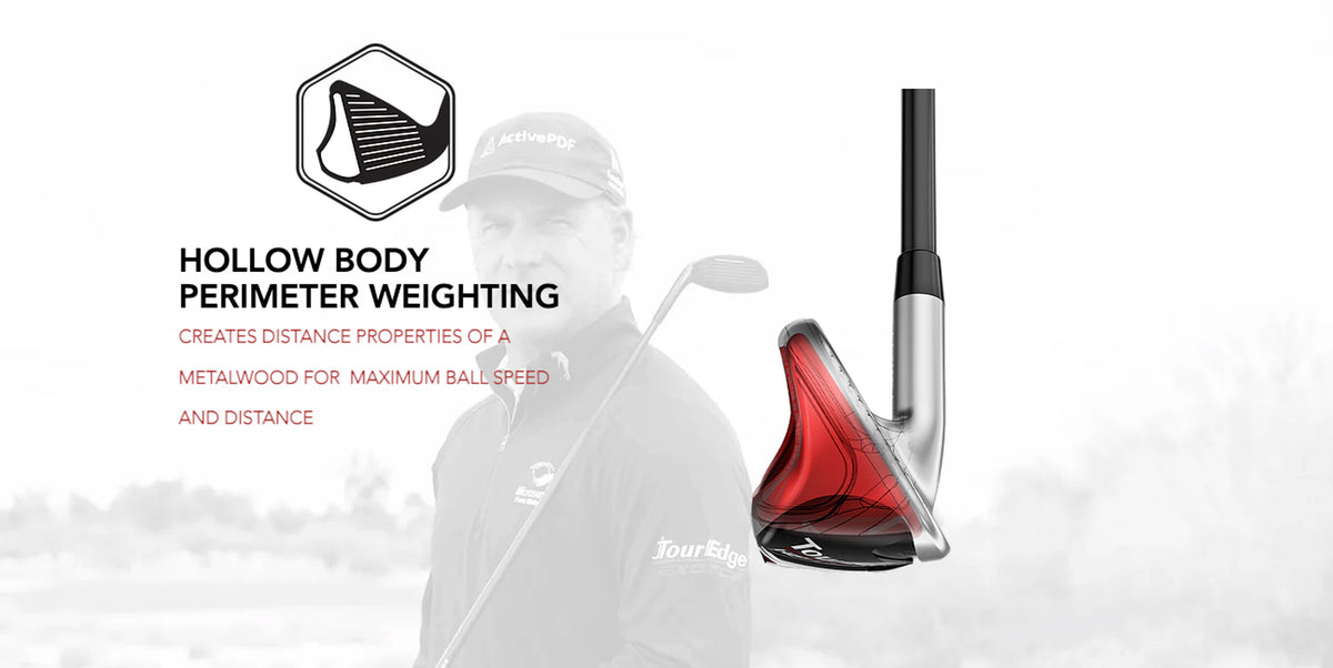 The E523 iron woods feature a hollow body with extreme perimeter weighting to create properties of a metal wood for maximum ball speed and distance.
