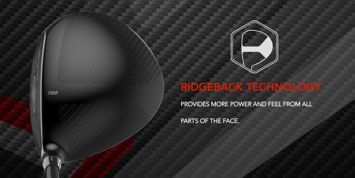 The Tour Edge Exotics E722 Driver features Ridgeback technology. This brace for the face allows for max ball speed and forgiveness across all parts of the face.