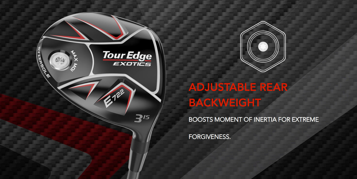 The Tour Edge Exotics E722 Fairway wood has an interchangeable rear weight. This boosts the MOI for extreme forgiveness. 