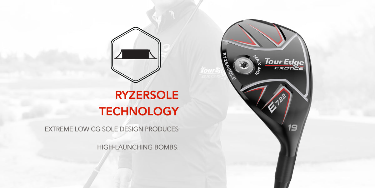 The Tour Edge Exotics E722 hybrid features all-new Ryzersole Technology. This creates a low center of gravity to produce high launching bombs.